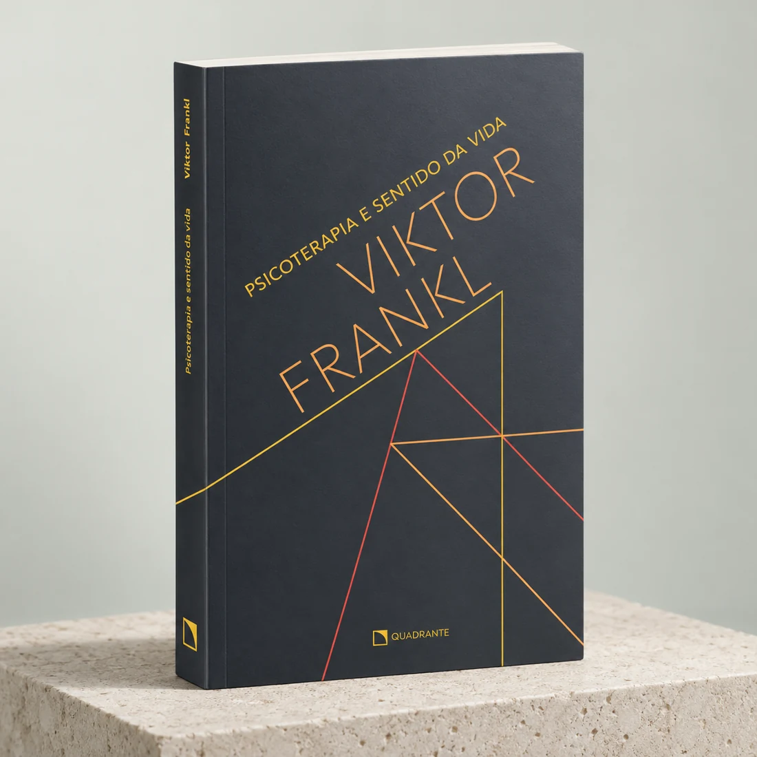 Mockup 3D do livro Psicoterapia e sentido da vida, de Viktor Frankl, com capa cinza e linhas geométricas sobre uma base de pedra